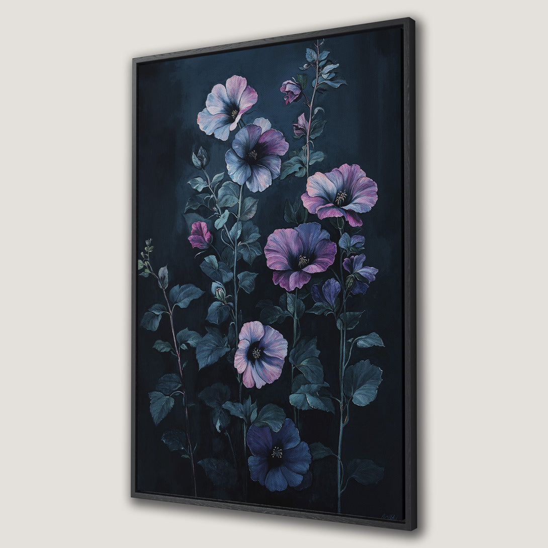 Framed Wall Art featuring a floral painting with purple and blue flowers on a dark background. Elegant botanical art for home decor.