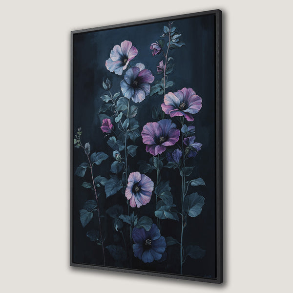 Framed Wall Art featuring a floral painting with purple and blue flowers on a dark background. Elegant botanical art for home decor.