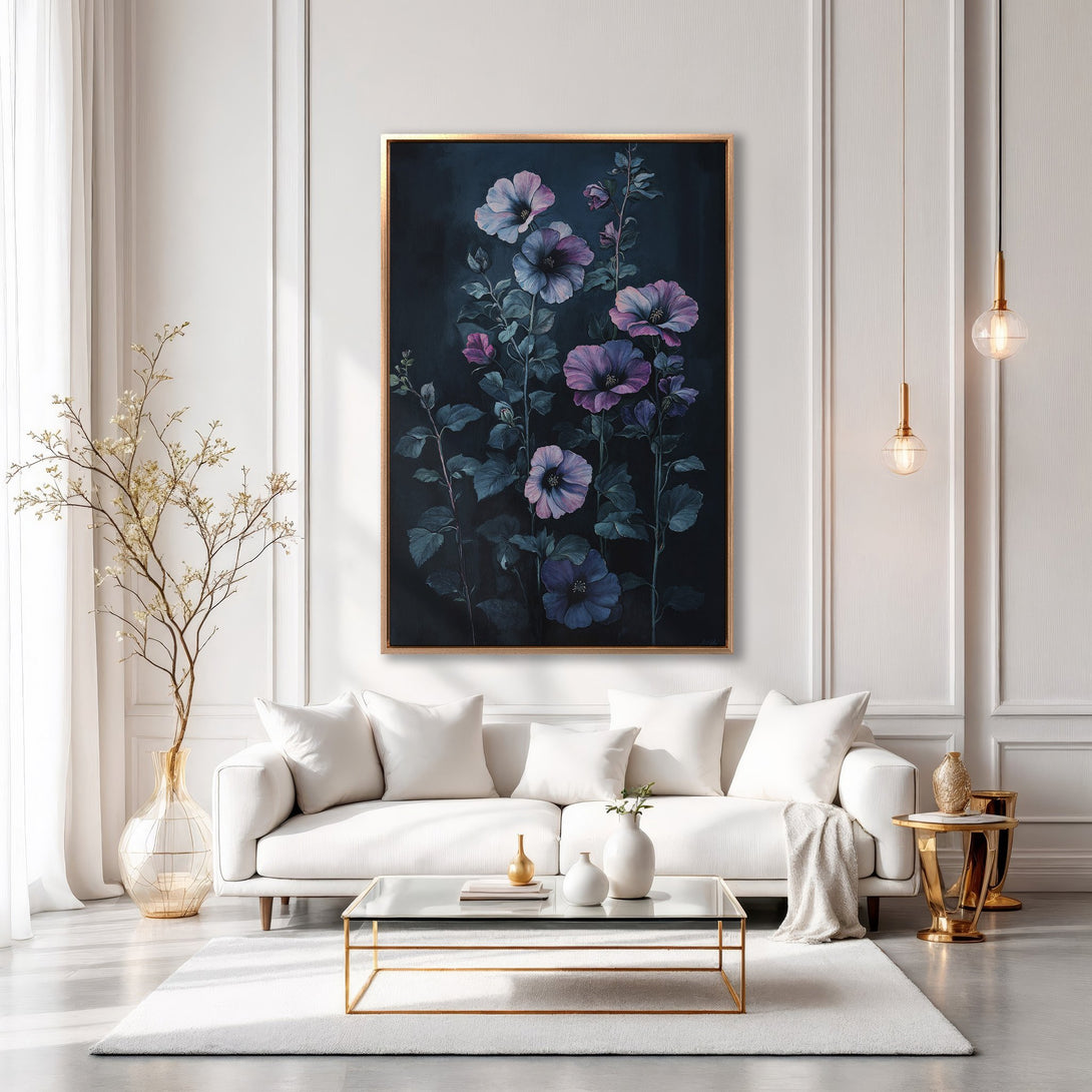 Framed Wall Art featuring elegant floral painting in purple and blue hues. Stylish Canvas Print adds a touch of sophistication to any interior.