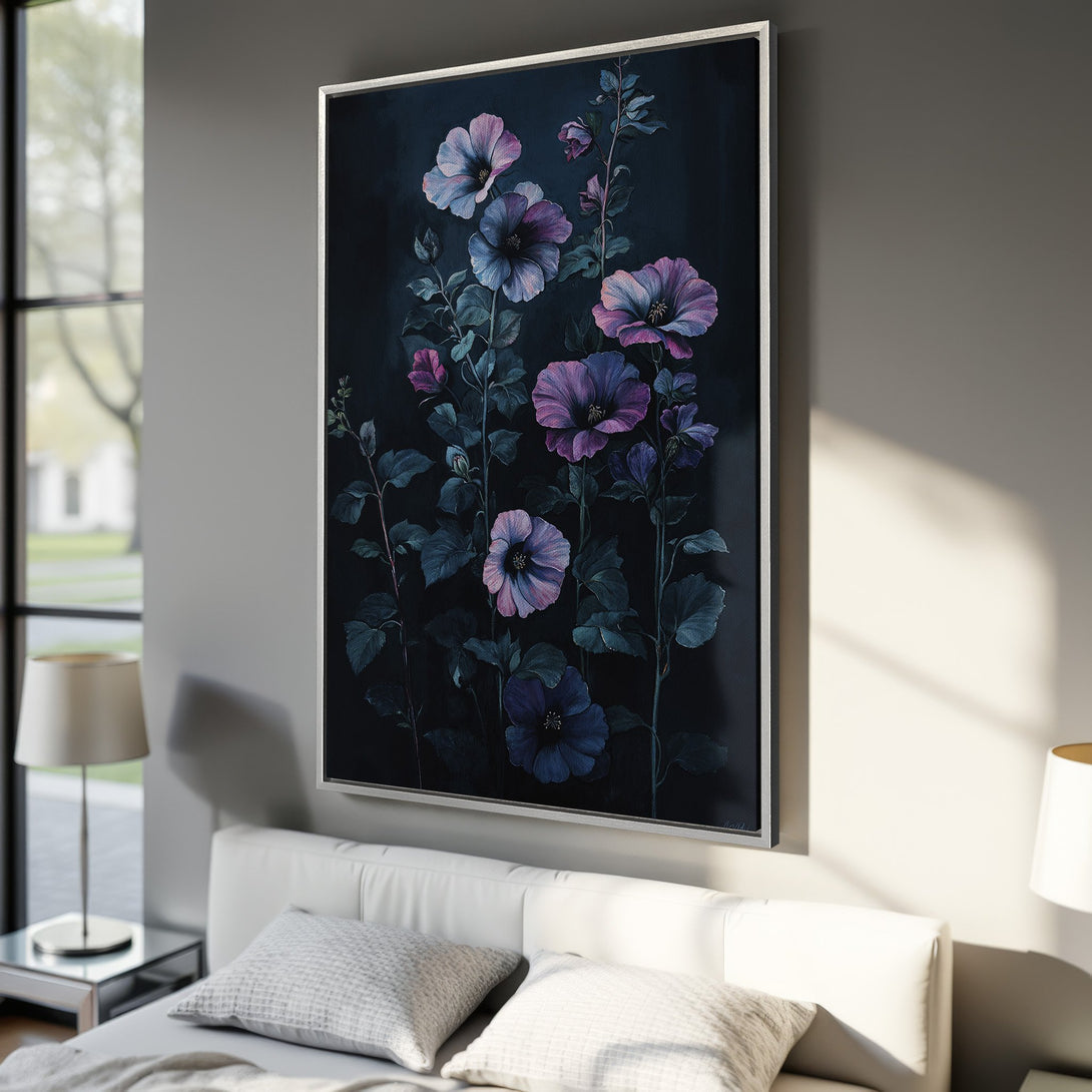 Framed Wall Art featuring elegant purple floral artwork. Dark, moody color palette complements any interior. Elevate your space with this stunning Canvas Print.