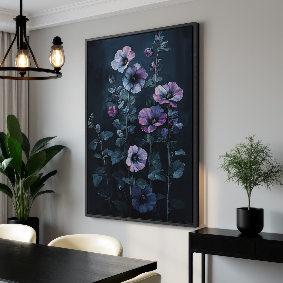 Framed Wall Art featuring a floral painting in a dark, moody style with purple and blue hues. Perfect for adding elegance to your home decor.