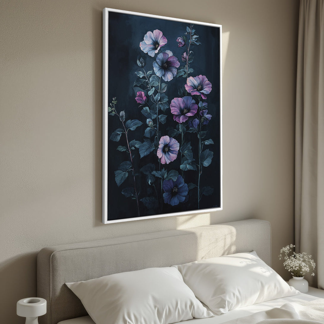 Framed Wall Art featuring elegant floral artwork in a dark, moody style with purple and blue hues. Perfect bedroom decor.