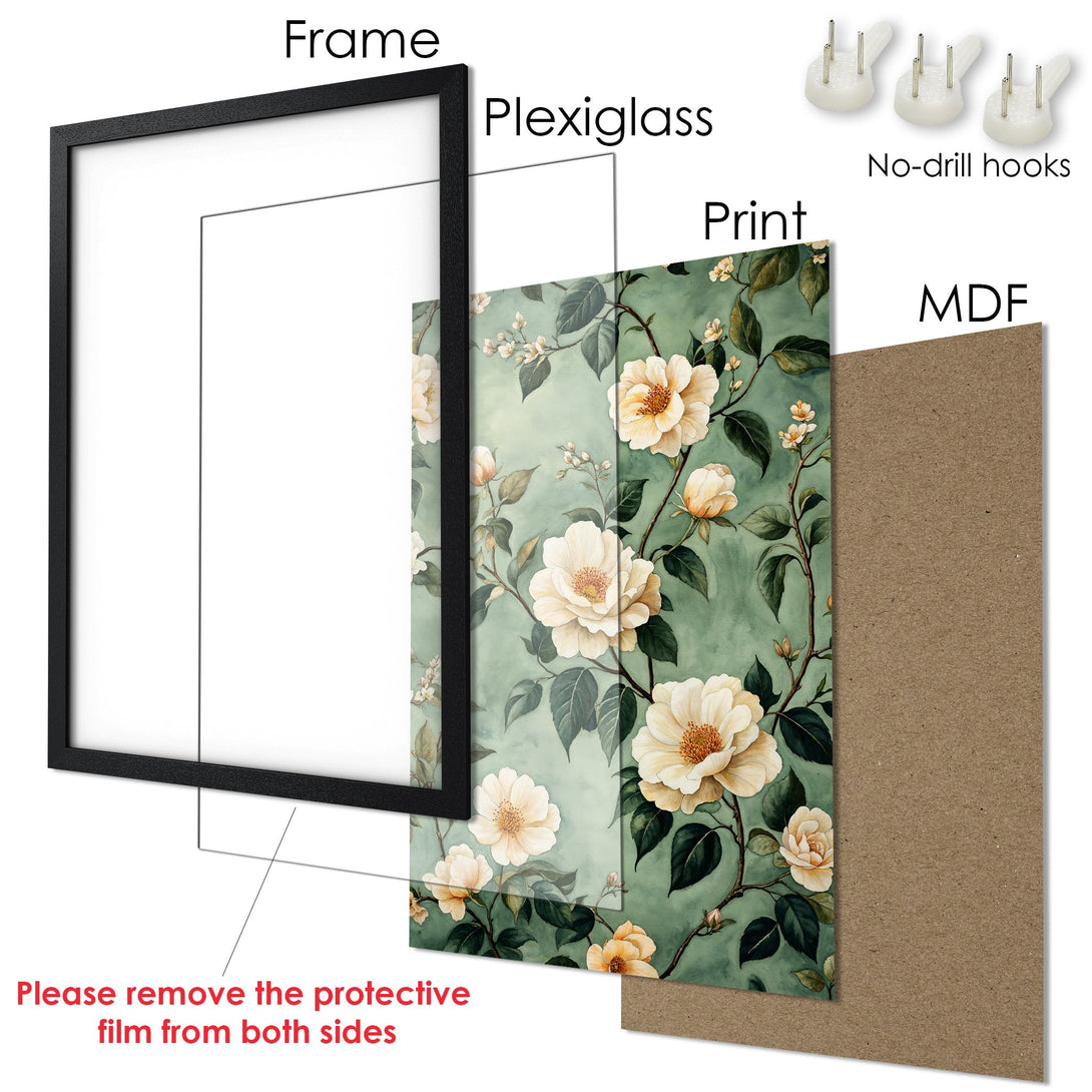 Framed Poster featuring a floral design in watercolor style with a green and cream color palette. Perfect wall art!