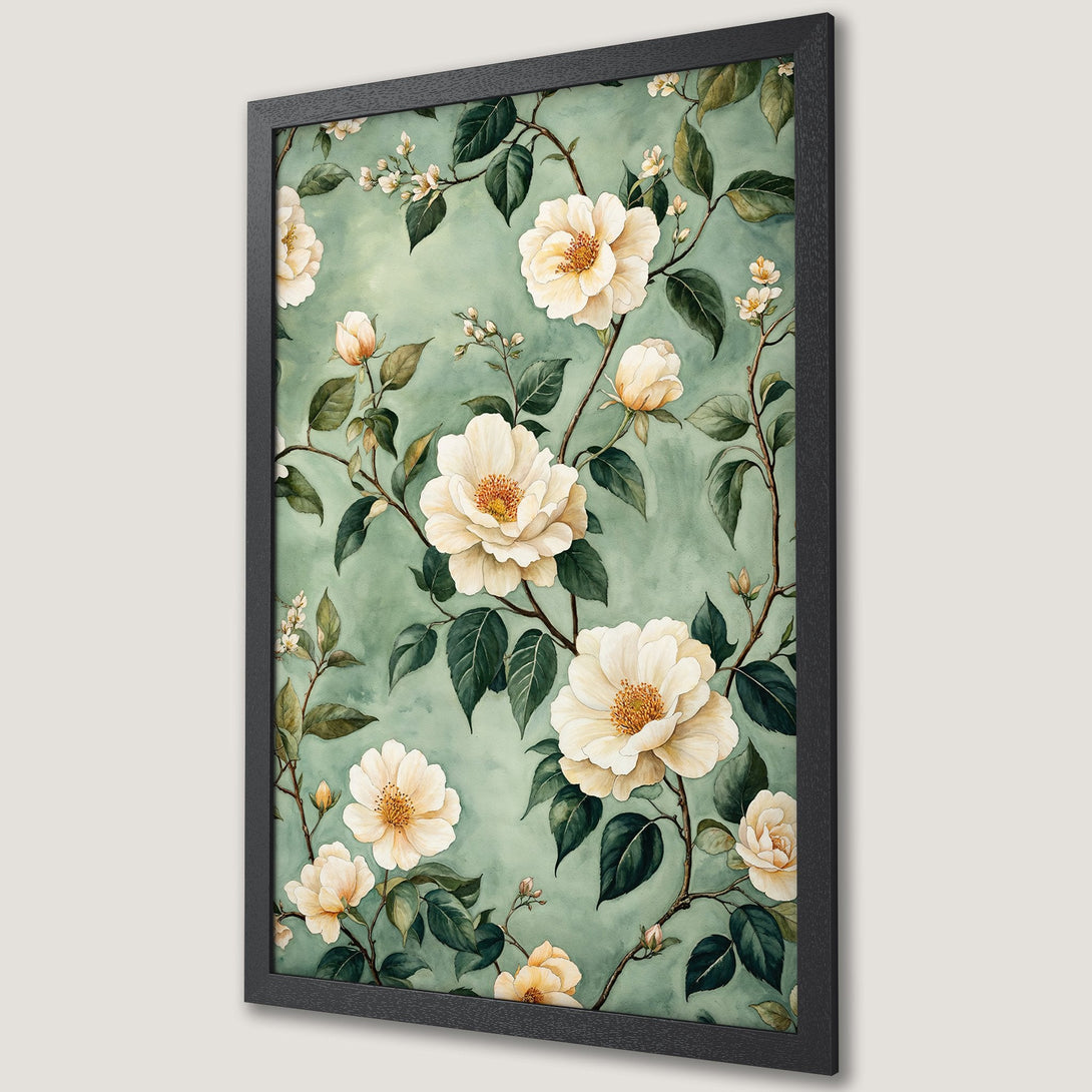 Framed Poster featuring watercolor floral art. Soft beige and green color palette. Botanical style wall art for home decor.