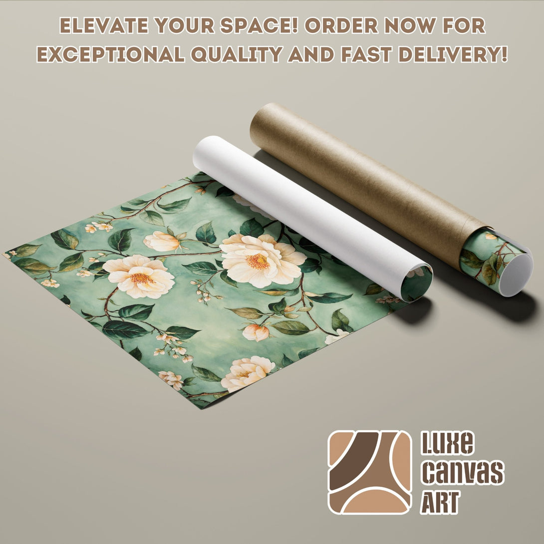 Poster Roll featuring a watercolor floral design in a soft green and cream color palette. Elevate your space with art!