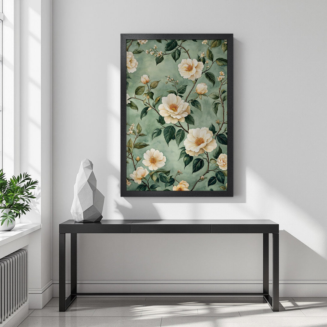 Framed Poster featuring floral art with a watercolor style and a soft green, cream, and black color palette. Perfect for home decor.