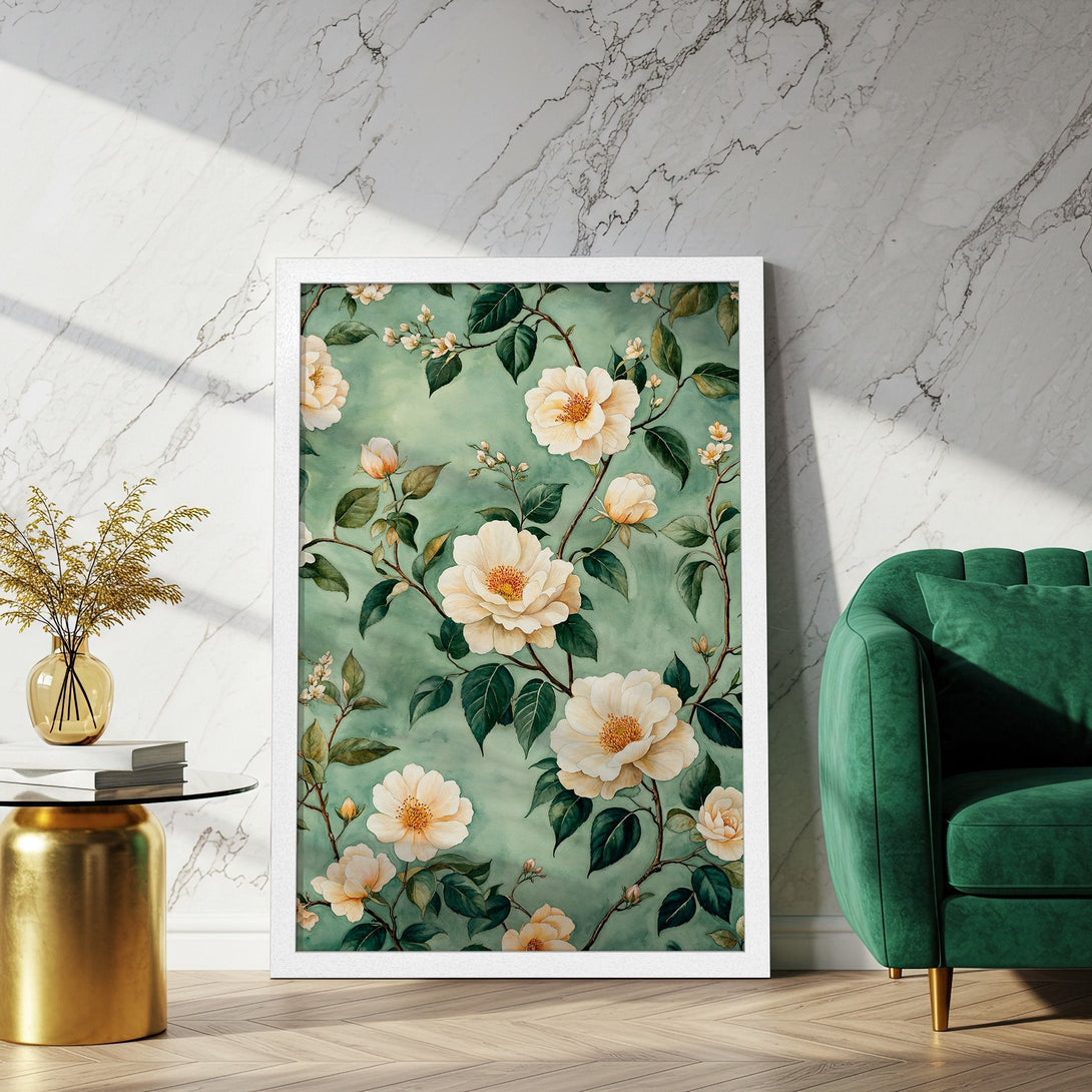 Framed Poster featuring elegant floral design in watercolor style with a soft green and cream color palette. Perfect for home decor!
