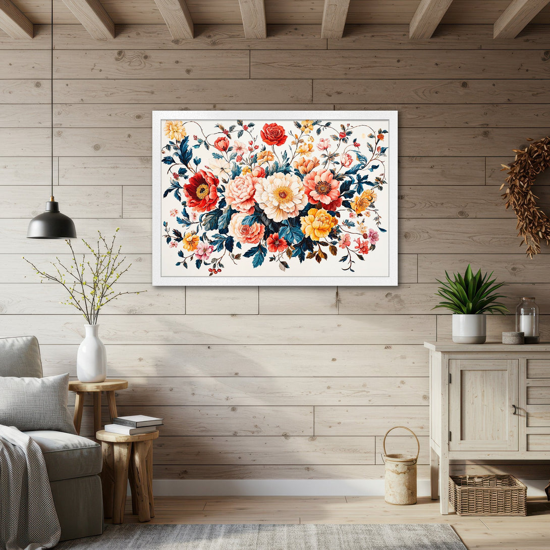 Framed Poster featuring a vibrant floral bouquet in a watercolor style. Rich red, yellow, and blue hues bring a touch of elegance to any space.