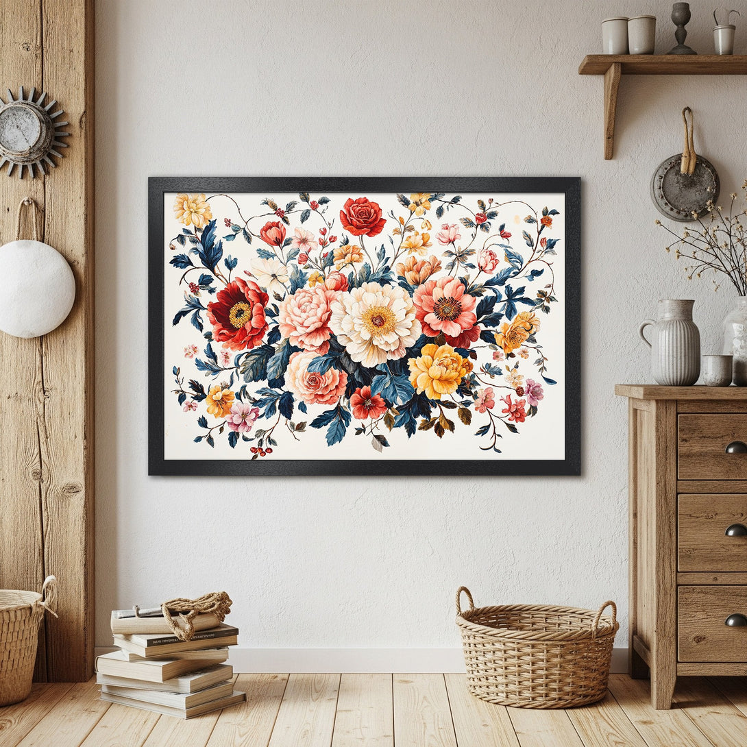 Framed Poster featuring a floral watercolor design in red, yellow, and blue. Perfect wall art for a touch of elegance.