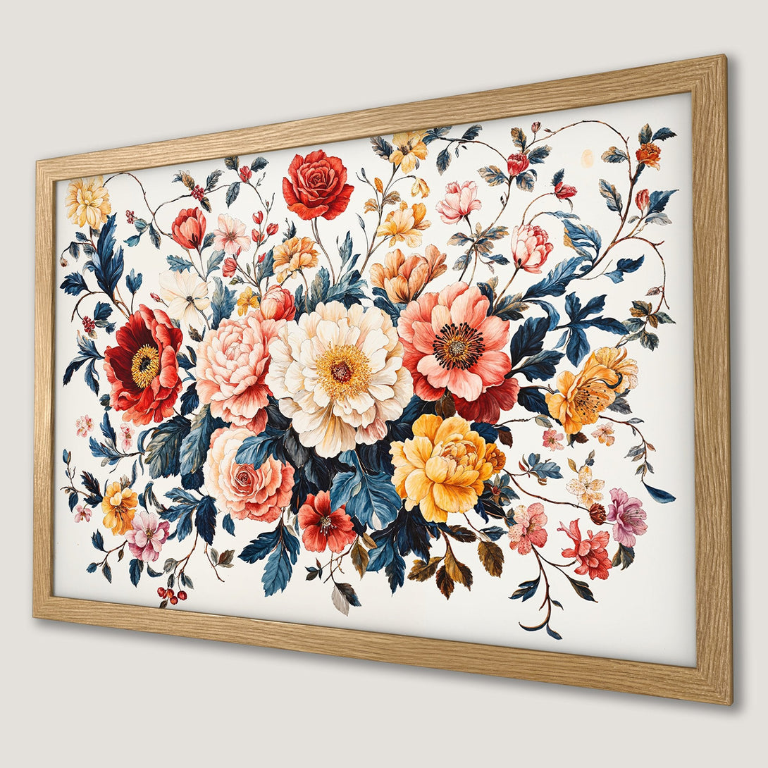 Framed Poster featuring a vibrant floral watercolor design with a warm color palette of reds, yellows, and pinks.