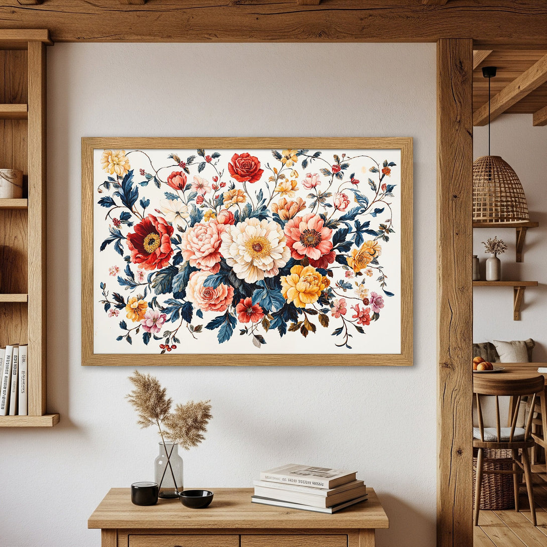 Framed Poster featuring a vibrant floral arrangement in watercolor style. Warm color palette with red, yellow, and blue hues. Perfect wall art!
