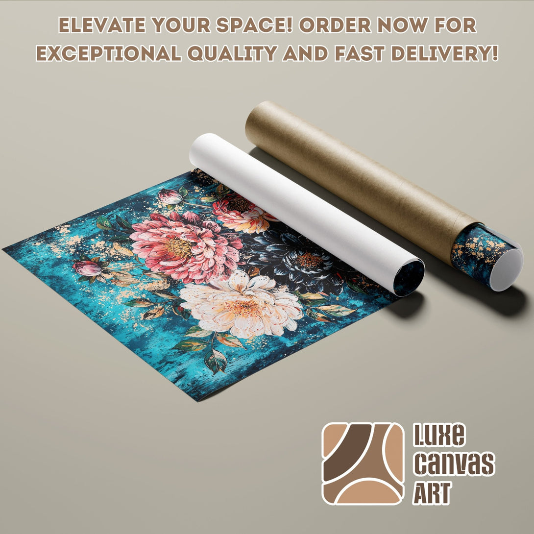 Poster Roll featuring floral art in teal, pink & gold. Elevate your space with this beautiful art piece! Order now!