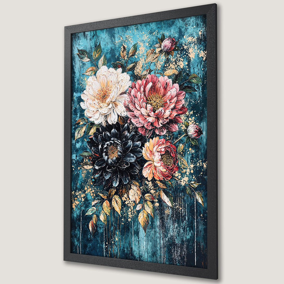 Framed Poster featuring a floral bouquet in a painterly style with a teal and gold color palette, perfect wall art for any room.