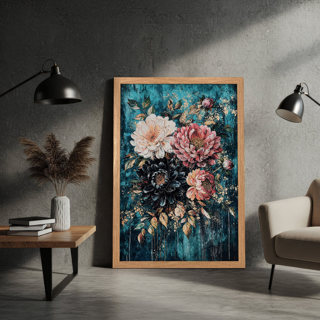 Framed Poster featuring floral art in teal, pink, and gold. Modern botanical print perfect for home decor.