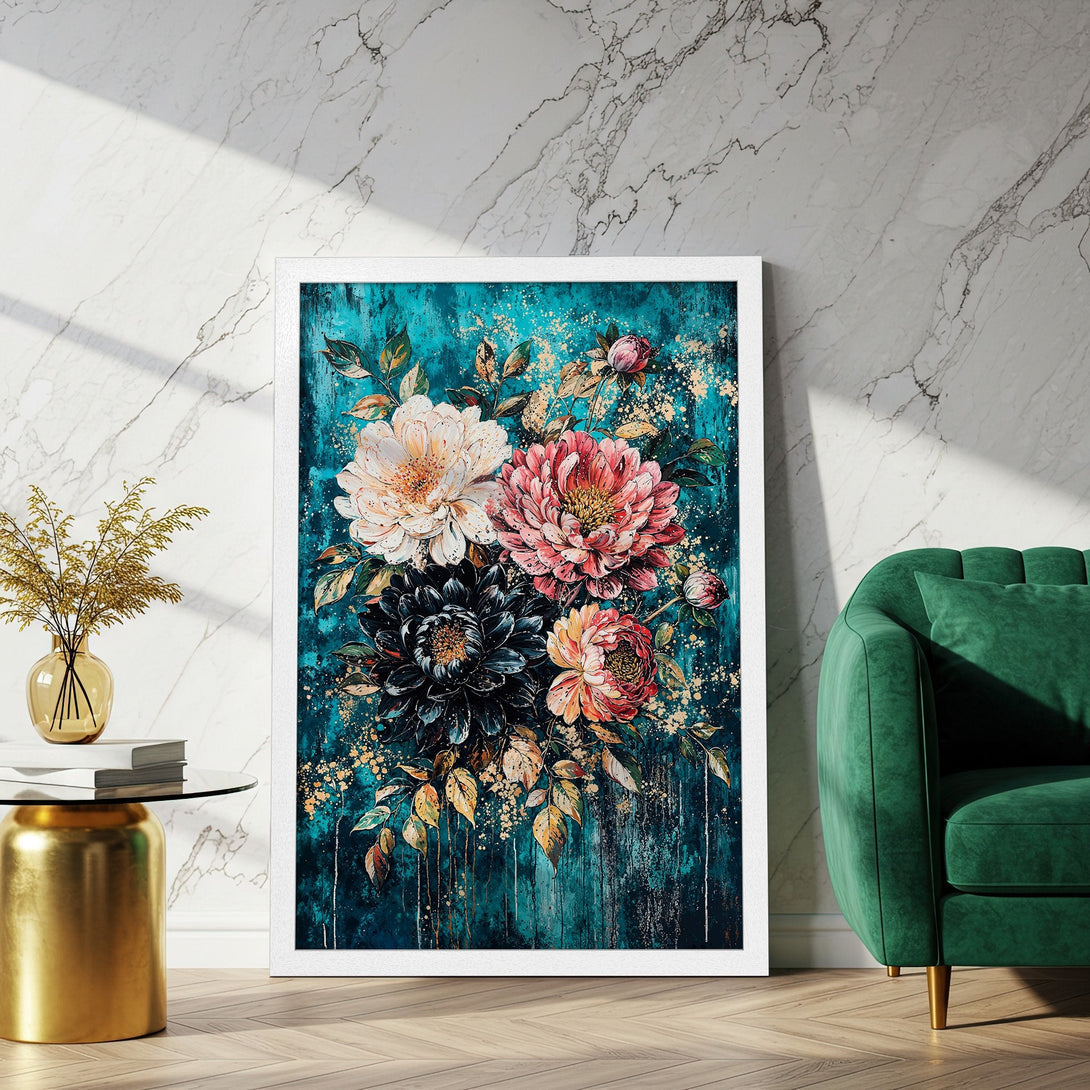 Framed Poster featuring vibrant floral art in teal, pink, and gold. Modern style, perfect for home decor.