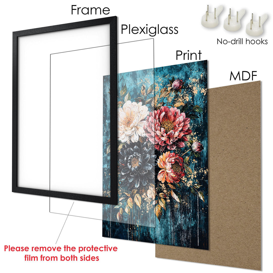 Framed Poster featuring floral art in teal, gold, and red hues. Perfect wall decor for a stylish home.