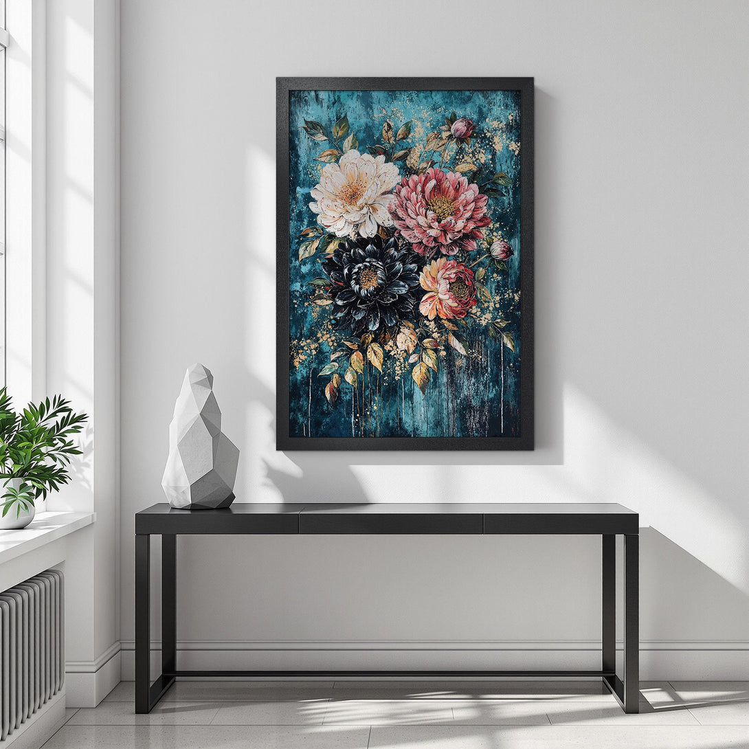 Framed Poster featuring a floral bouquet with a teal and gold color palette. Perfect wall art for adding elegance to your home.