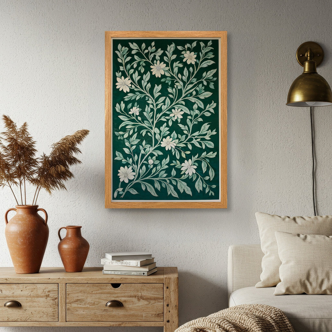 Framed Poster featuring a botanical design in green and white. Perfect wall art for a stylish home.
