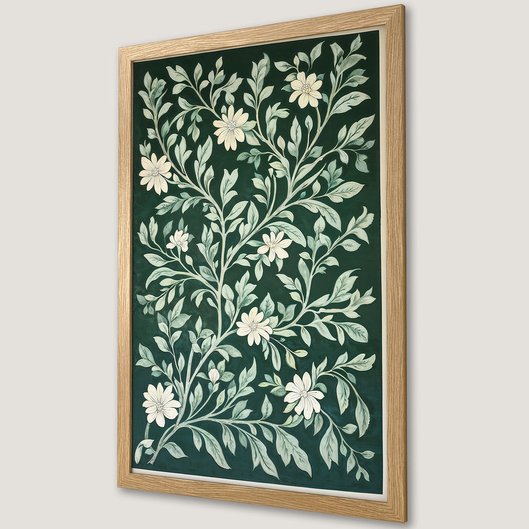 Framed Poster featuring floral design in green and white. Botanical art print with a vintage style and natural wood frame.