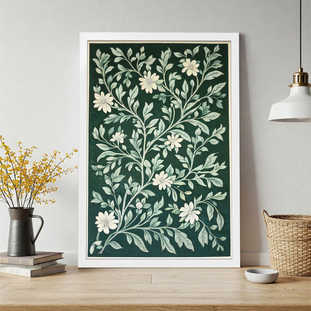 Framed Poster featuring a floral design in a botanical style. Dark green and cream color palette, perfect for wall decor.