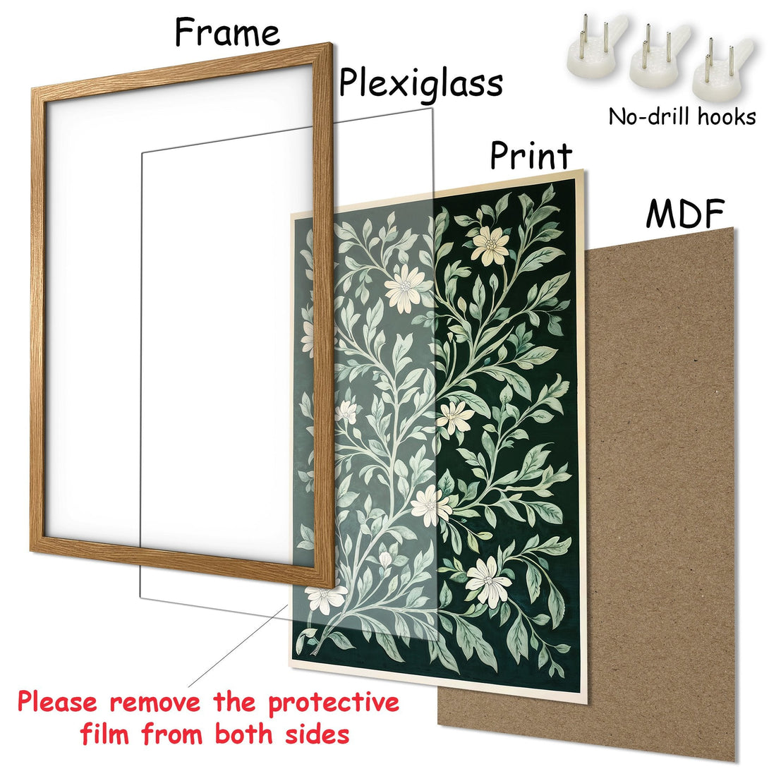 Framed Poster featuring floral design in a botanical style. Dark green and cream color palette. Ready to hang!