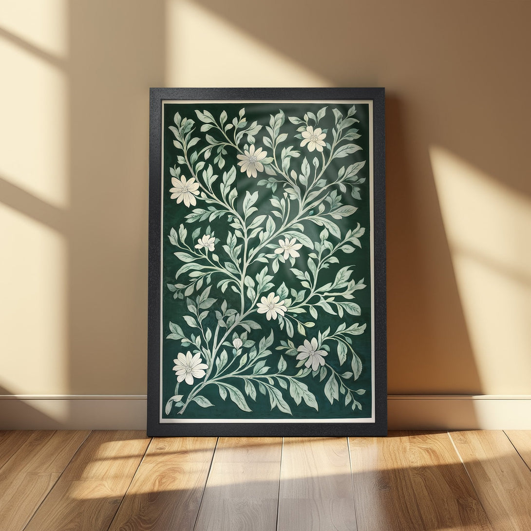 Framed Poster featuring floral design in a vintage style, with a green and cream color palette, perfect for adding a touch of elegance.