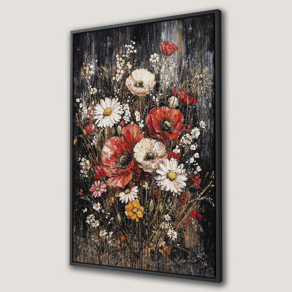 Framed Wall Art featuring a vibrant floral bouquet in a painterly style. Rich red, white, and black color palette for a dramatic, modern aesthetic.