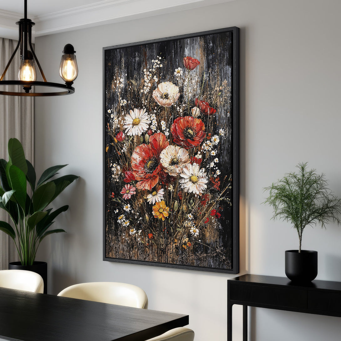 Framed Wall Art featuring a vibrant floral bouquet with red, white, and yellow blooms on a dark background. Modern art for home decor.