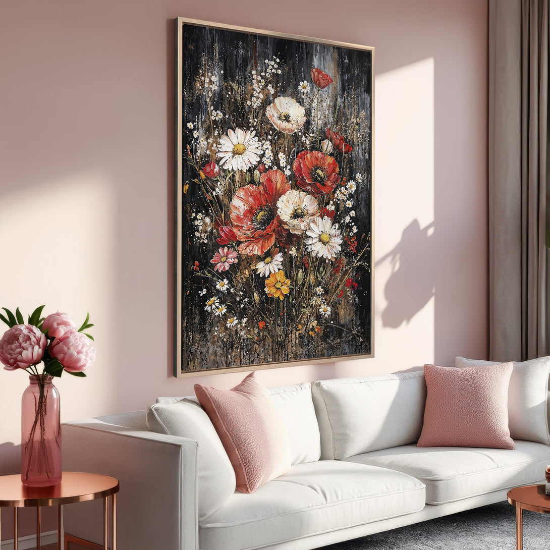 Framed Wall Art: Floral abstract canvas print with red, white, and gold flowers on a dark background. Adds a touch of elegance to any space.