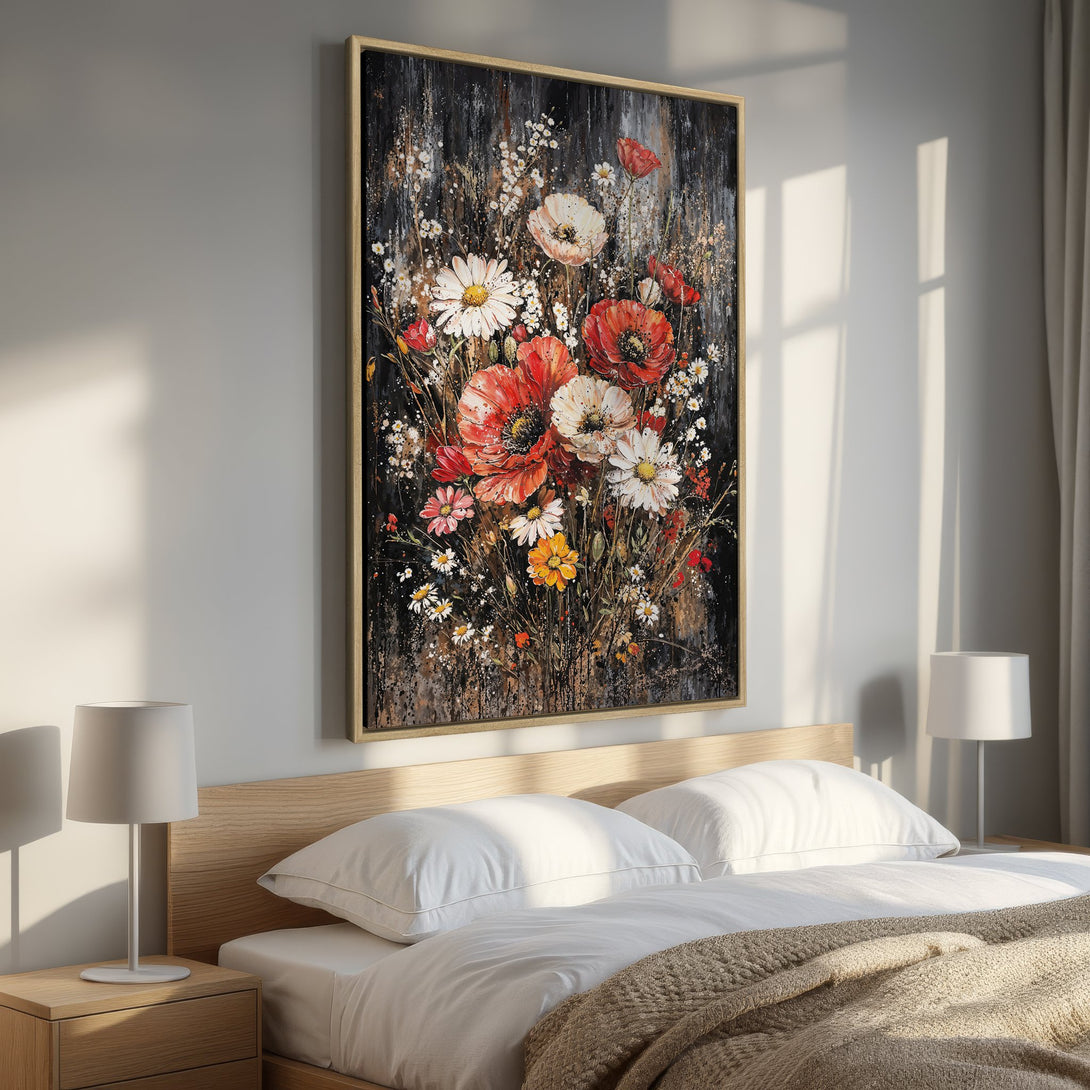 Framed Wall Art featuring a vibrant floral painting with red, white, and yellow blooms against a dark background. Perfect bedroom decor!