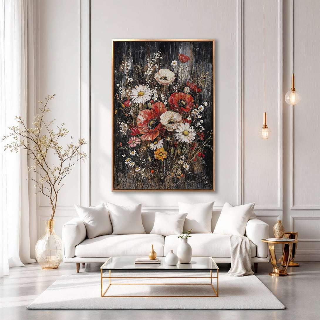 Framed Wall Art featuring a vibrant floral painting with red poppies and white daisies. Modern style, warm color palette, perfect for living room decor.