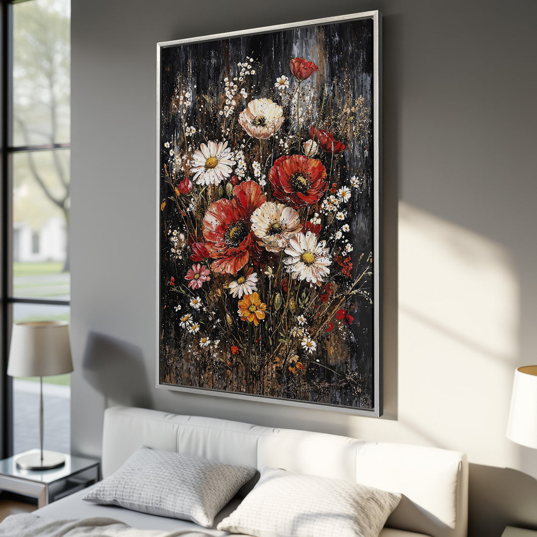 Framed Wall Art: Stunning floral Canvas Print in a modern style. Features red, white, and black color palette, perfect for bedroom decor. Shop now and elevate your space!