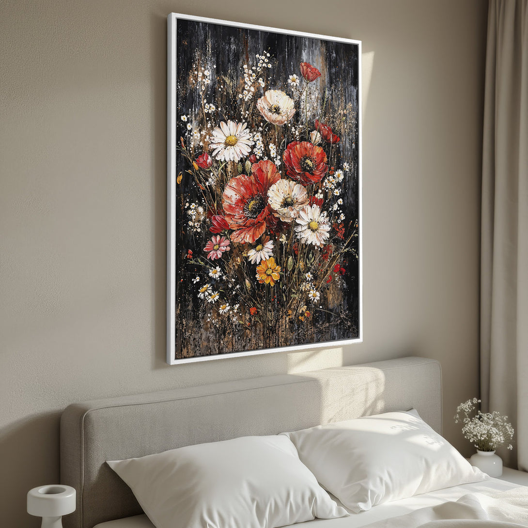 Framed Wall Art featuring a vibrant floral bouquet in a bold, painterly style with a red, white, and black color palette. Perfect bedroom decor!