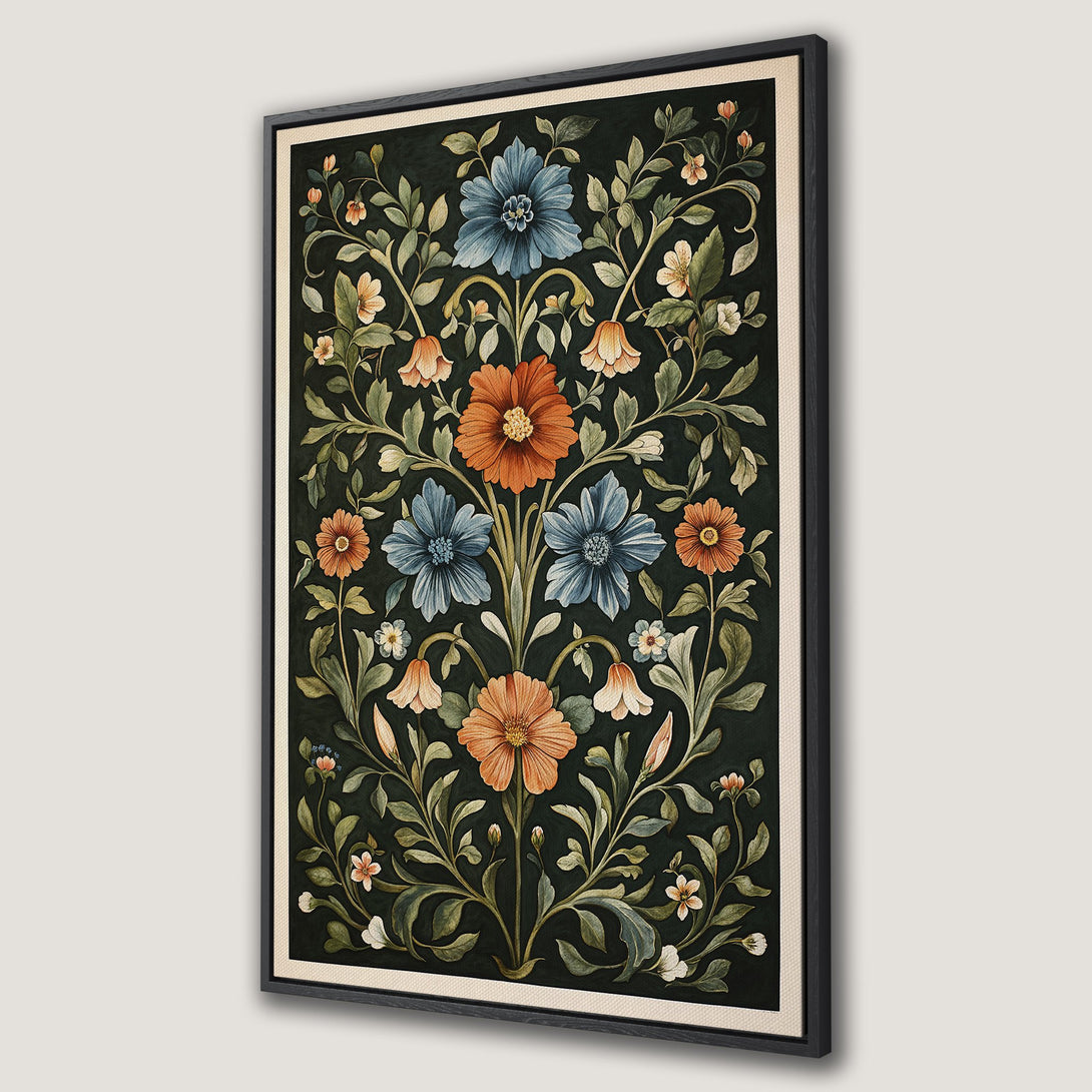 Framed Wall Art featuring a floral botanical design in a vintage style, with a dark green background and orange/blue flower accents. Perfect wall decor!
