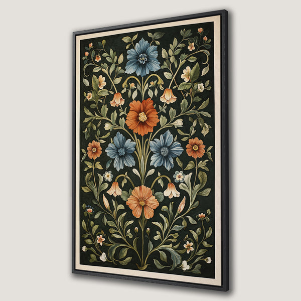 Framed Wall Art featuring a floral botanical design in a vintage style, with a dark green background and orange/blue flower accents. Perfect wall decor!