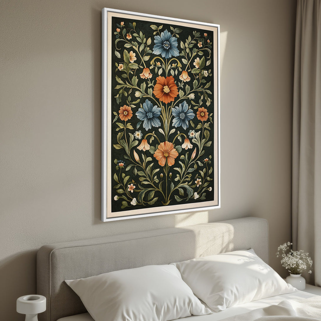 Framed Wall Art: Floral Canvas Print in a bedroom. Features a dark background with orange and blue flowers. Perfect for adding a touch of elegance.