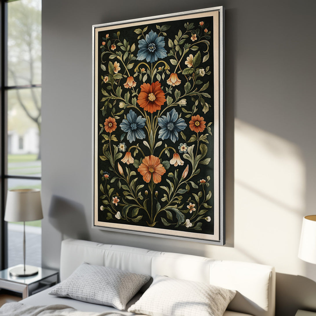 Framed Wall Art featuring a floral design in a vintage style. The artwork showcases a dark background with orange, blue, and green tones, adding a touch of elegance.