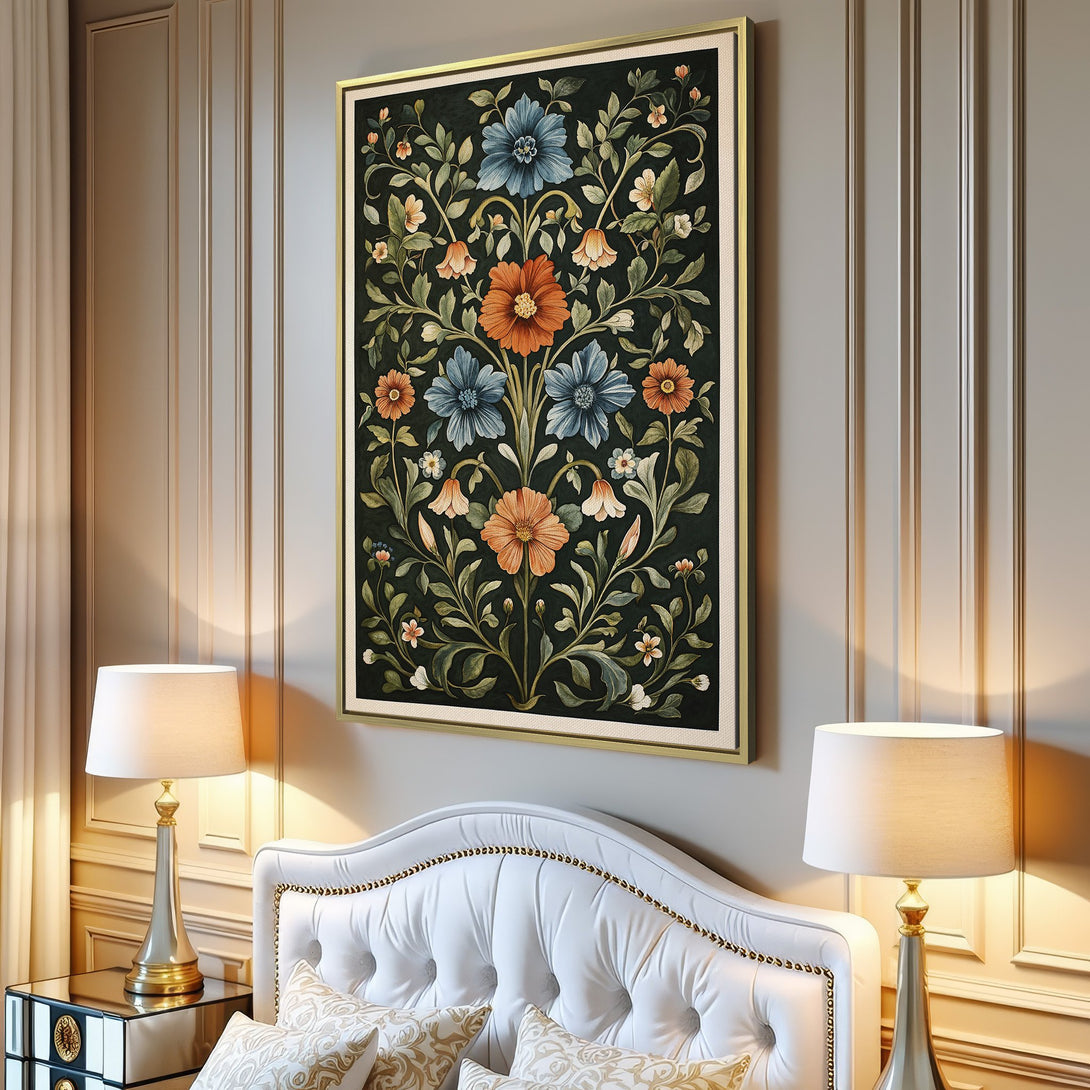 Framed Wall Art: Floral Canvas Print in a living room. Features a vintage style, dark green background, and orange/blue flowers. Perfect for home decor!
