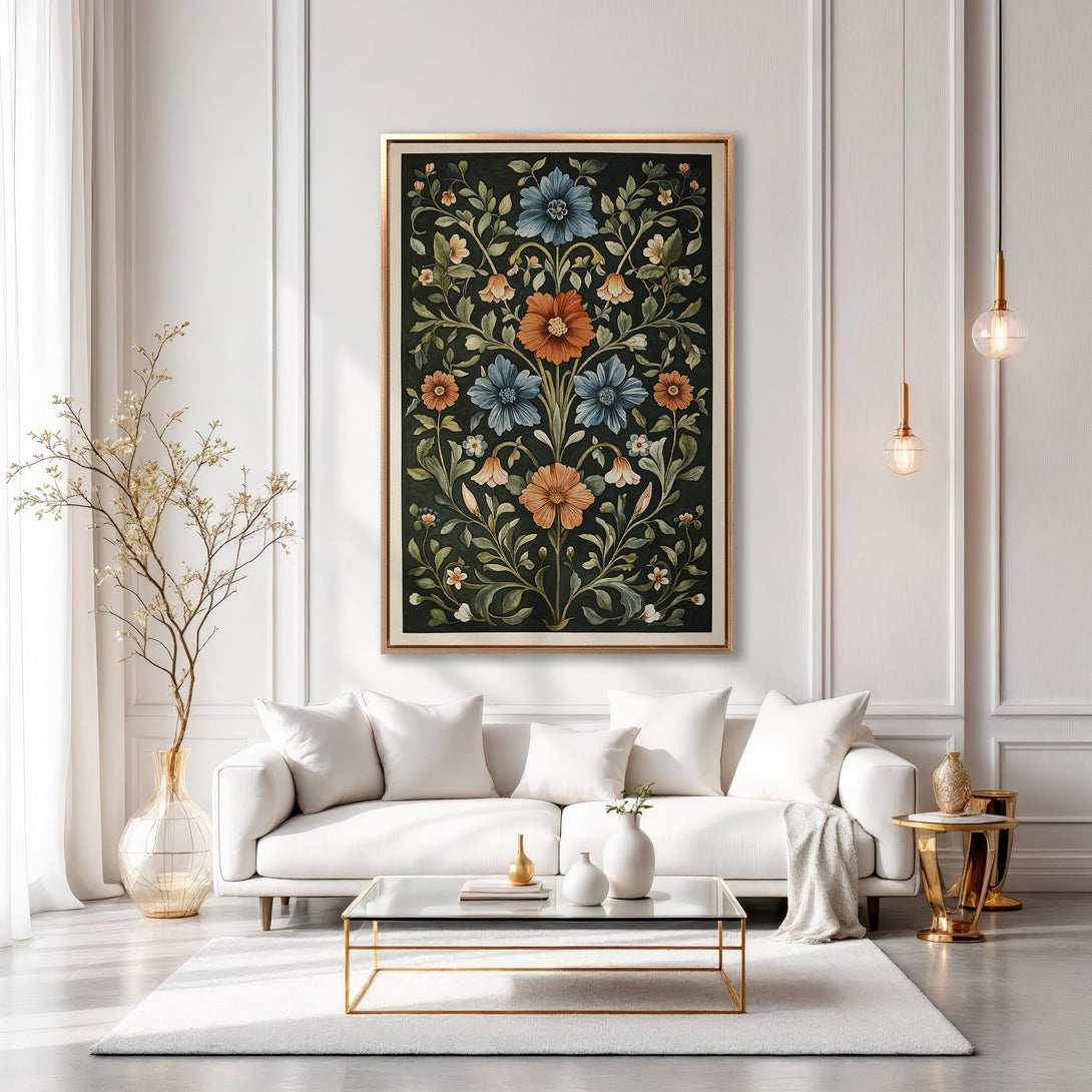 Framed Wall Art featuring a floral design in a dark, moody color palette. Enhance your space with this stylish canvas print.