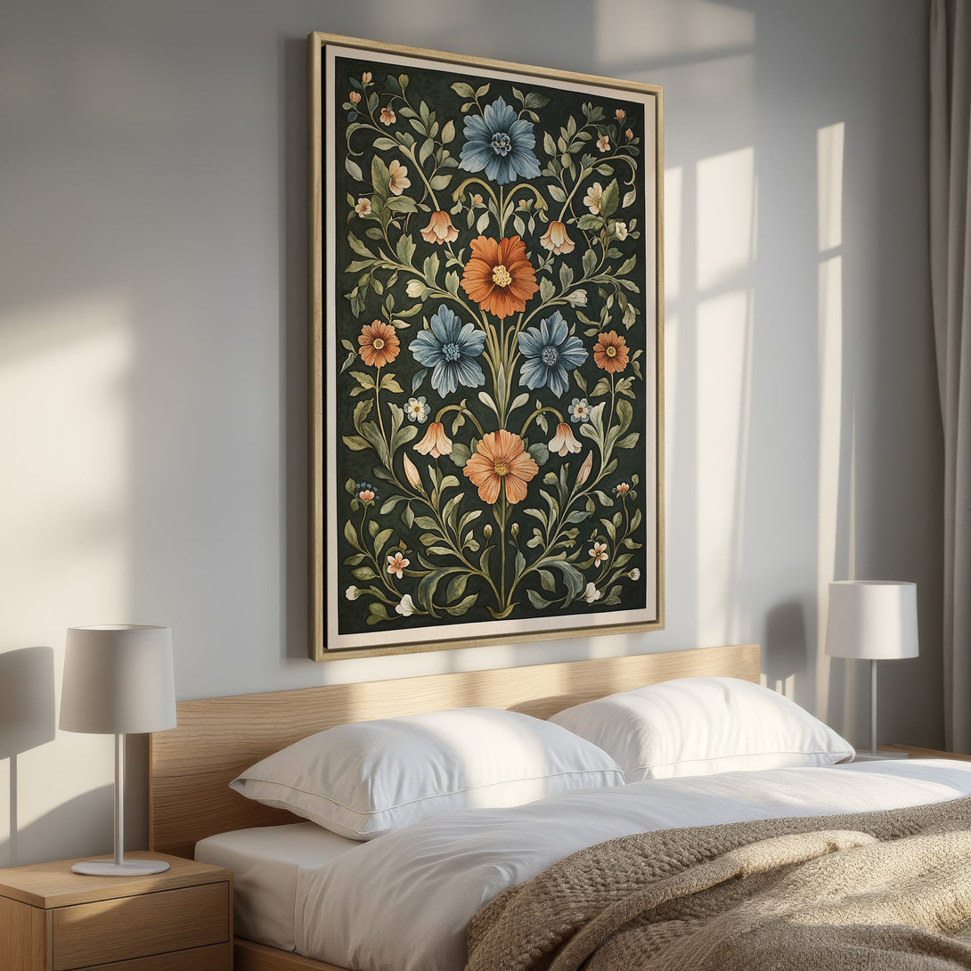 Framed Wall Art featuring a floral design in a botanical style with a dark green, orange, and blue color palette, displayed in a bedroom.