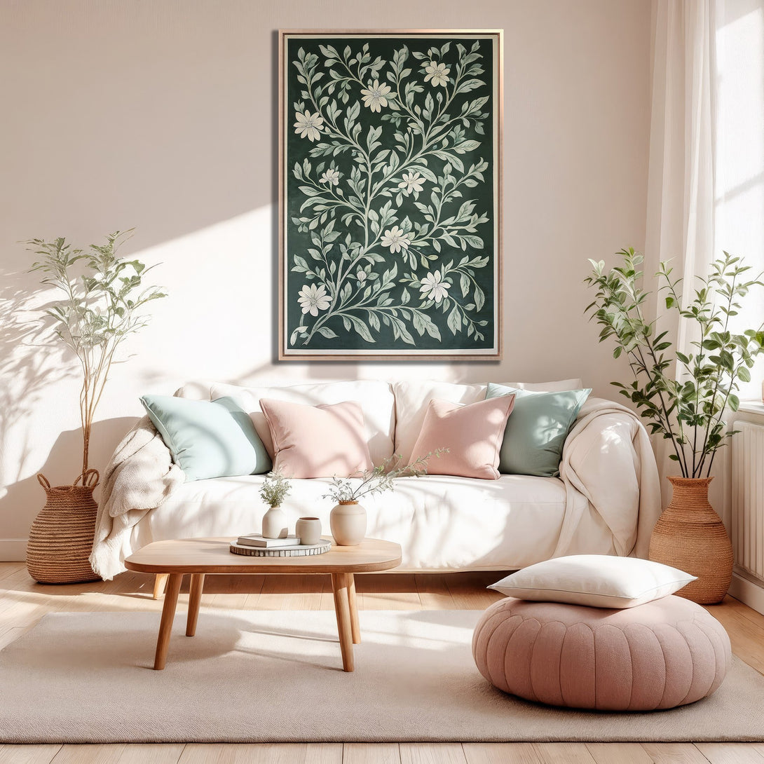 Framed Wall Art: Botanical print in a modern living room. Features a dark green & white floral design. Adds a touch of elegance to any space.