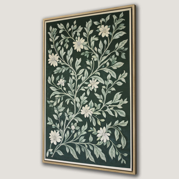 Framed Wall Art featuring a floral botanical design in a vintage style with a dark green and cream color palette. Perfect for adding elegance to any space.
