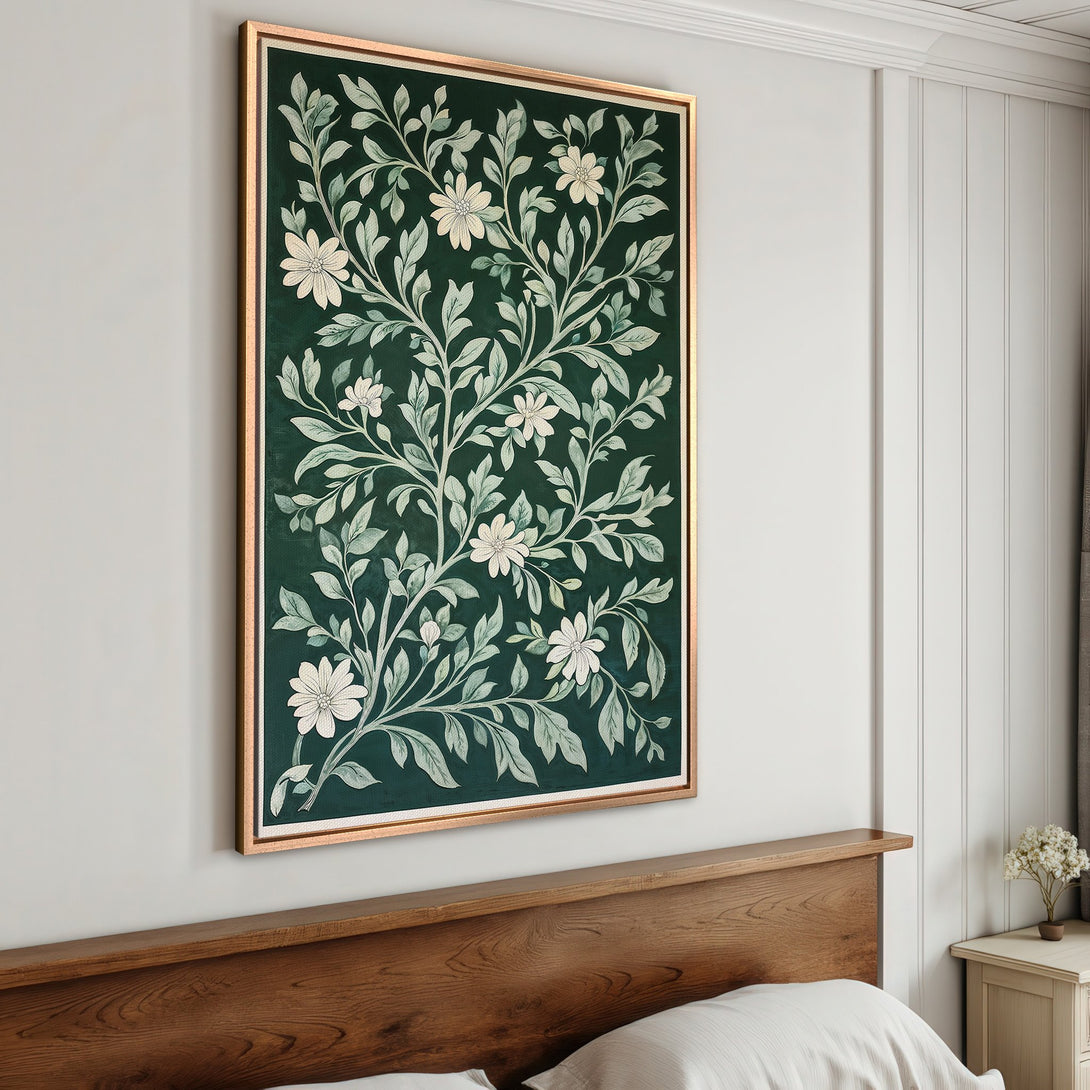 Framed Wall Art featuring a floral design in a botanical style. The artwork uses a calming green and white color palette, perfect for bedroom decor.