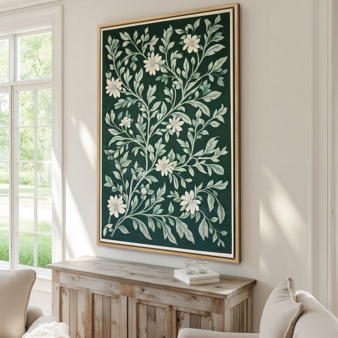 Framed Wall Art featuring a botanical design in a dark green and cream color palette, perfect for adding a touch of elegance to any space.