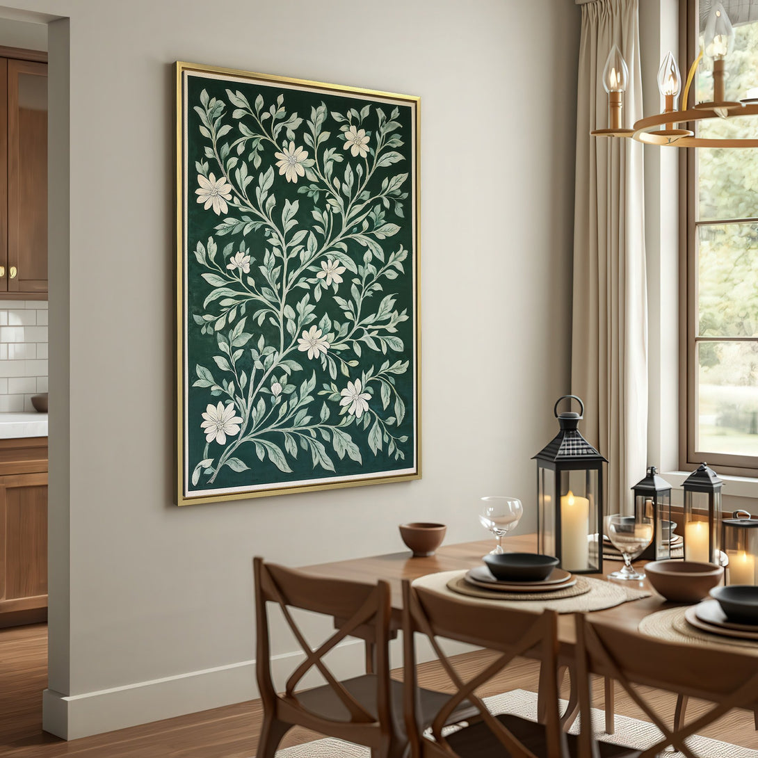 Framed Wall Art featuring a floral design in a botanical style with a dark green and cream color palette, displayed in a cozy interior.