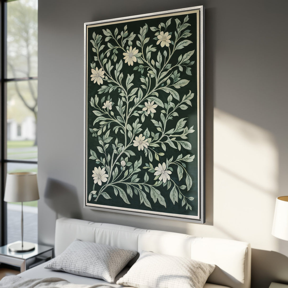 Framed Wall Art: Botanical floral Canvas Print in green and cream, displayed in a modern bedroom. Adds a touch of nature and elegance to any space.