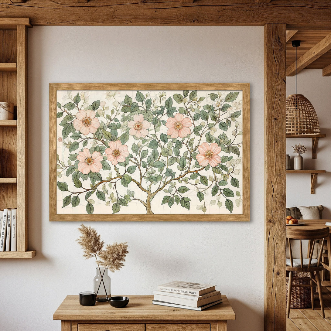Framed Poster featuring a floral botanical illustration in soft pinks and greens, perfect for adding a touch of nature to your home decor.