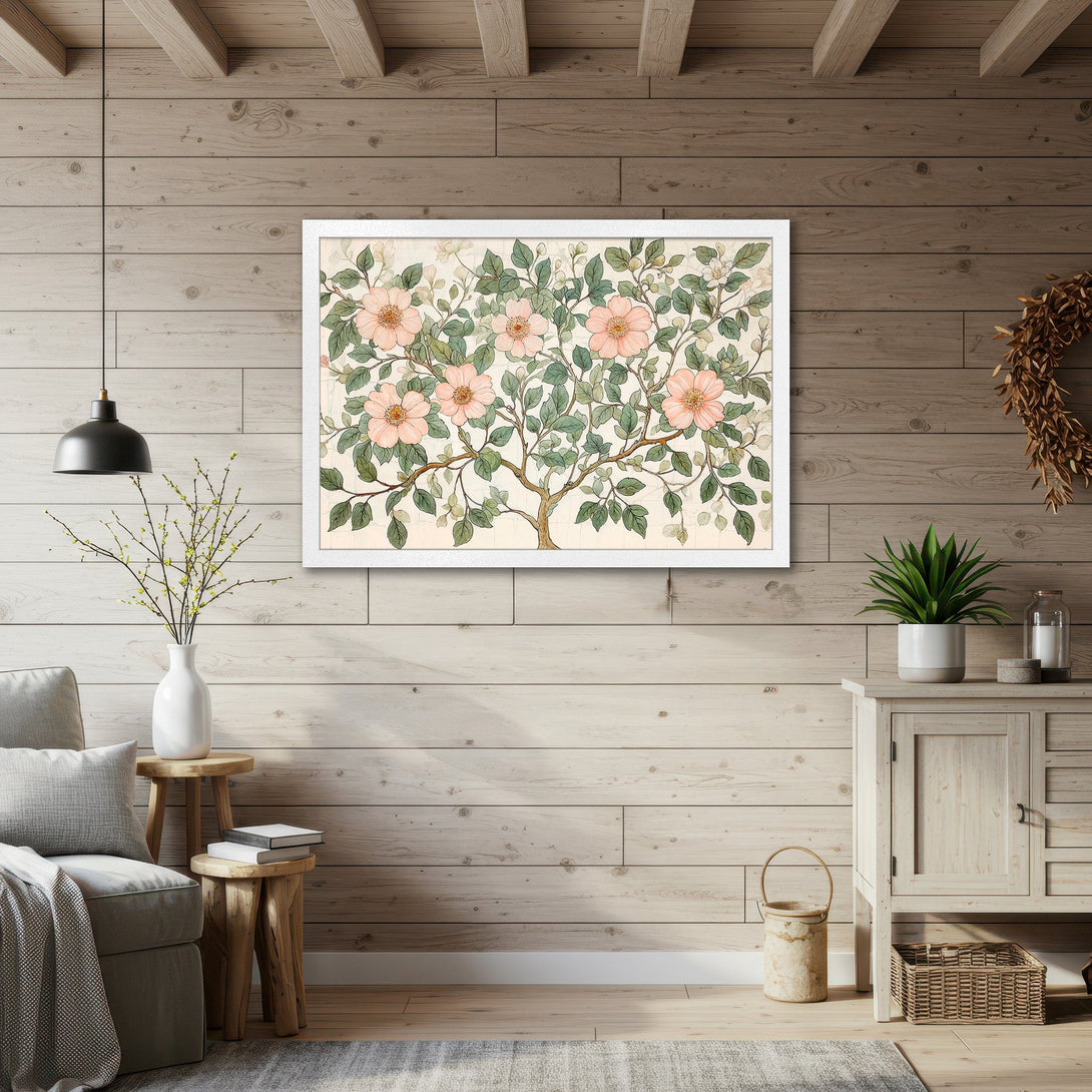 Framed Poster featuring floral art in a vintage style with a soft pink and green color palette, perfect for home decor.