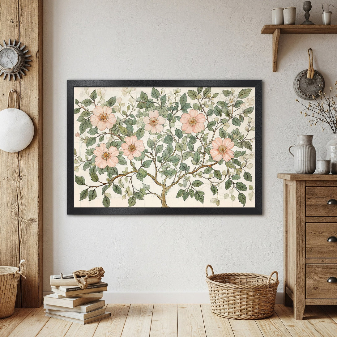 Framed Poster featuring floral art in a vintage style with a soft pink and green color palette. Perfect for home decor!