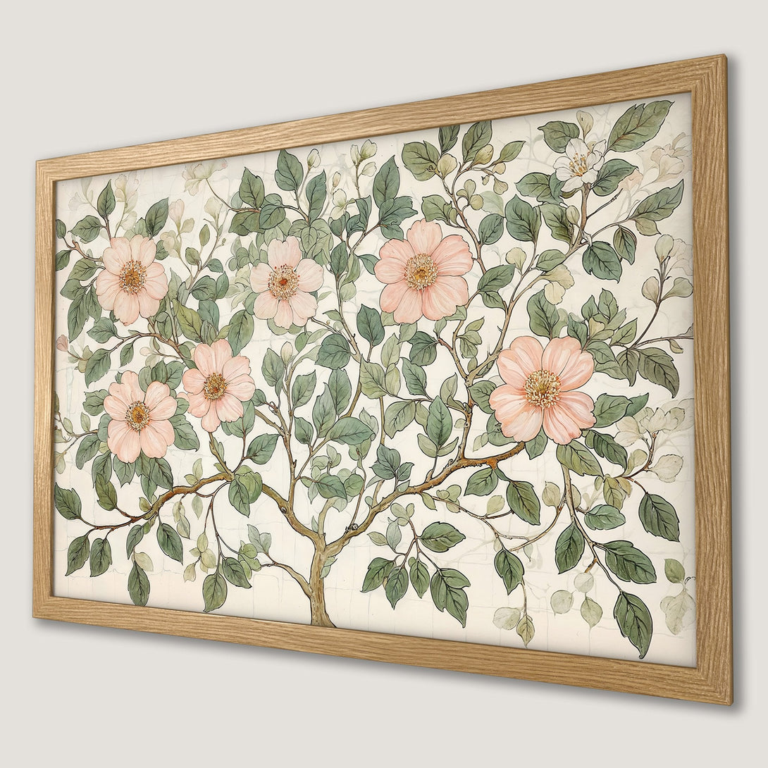 Framed Poster featuring a floral illustration in soft pinks and greens, perfect for adding a touch of nature-inspired elegance to your space.